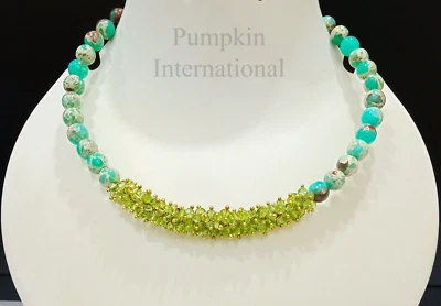 Turquoise & Peridot Beaded Choker Statement Necklace, Gold Plated Chain Necklace - Image 1 of 4