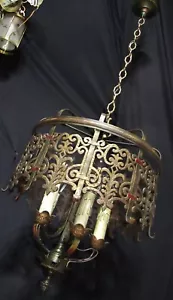 VINTAGE ART DECO ERA CHANDELIER STEEL / BRONZE CEILING LIGHT FIXTURE 1930's - Picture 1 of 15