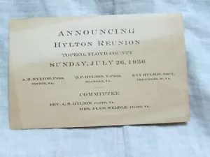 Tarjeta Hylton Reunion Topeco Virginia 1936 lugar histórico ver anuncio - Imagen 1 de 6