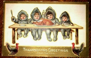 De colección Oro Dorado Repujado "Saludos de Acción de Gracias desde el Polo" Niños y Pavo  - Imagen 1 de 5