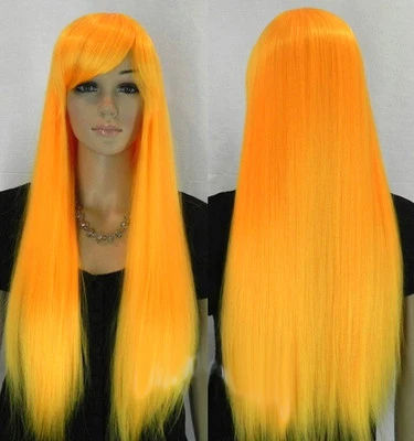 Venta Caliente Moda Peluca de Pelo Larga Naranja Amarilla Recta Mujeres Dama Niña + Gorra Foto 1 de 3