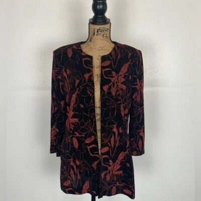 Cárdigan floral tejido suave Alex Evenings talla M negro y rojo mangas 3/4 viajero Foto 1 de 4