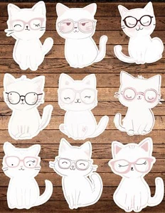Cute White Kitten With Glasses Stickers Set Notebook Laptop Stickers - Picture 1 of 1