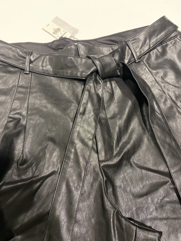 EXPRESS WOMEN'S XL BLACK BELTED SUPER HIGH RISE ANKLE PANTS FAUX LEATHER BAGGY