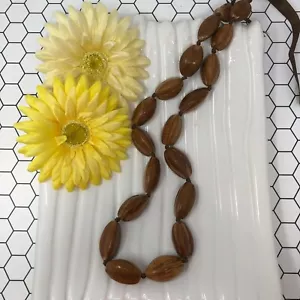 Long island inspired wood-like bead necklace brown costume jewelry ribbon tie - Picture 1 of 6