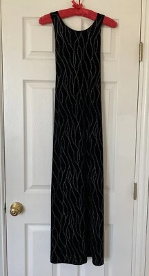 复古 Ronnie Nicole Maxi 连衣裙女式 6 黑色天鹅绒藤蔓图案假日 — 第 1/4 张图片