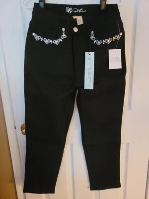 Jeans elástico bordado com lantejoulas/contas DG2 Diane Gilman novo com etiquetas tamanho 12 preto - Imagem 1 de 4