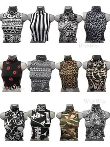 NEW LADIES POLO TURTLE NECK PRINTED STRETCH CROP TOP VEST SLEEVELESS 8-14 - Picture 1 of 12