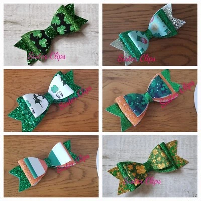 Girls handmade irish st Patrick's day irish dancing 4" glitter hair bows clips /