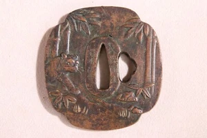 Old Japanese Samurai Sword Guard Bronze Tsuba Katana Bamboo Pattern Edo Era - Picture 1 of 8