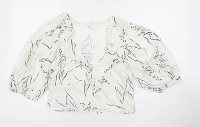 H&M Women’s White Linen Blend Floral Balloon Sleeve Blouse Size 12 - Image 1 of 4