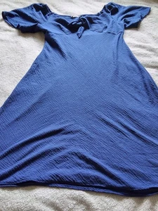 Ladies Blue Crinkle Fabric Dress Tie Front Elasticated Shoulder Size 16 - Picture 1 of 9
