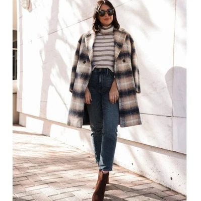 Casaco de lã xadrez MADEWELL Courton Cocoon tamanho G quente nogueira midi bege marinho creme - Imagem 1 de 4