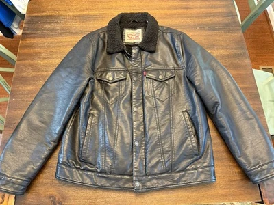 Chaqueta Levi Strauss Para Hombre L Negra Imitación Cuero Sherpa Forrada Camionero Cremallera Abrigo Foto 1 de 4