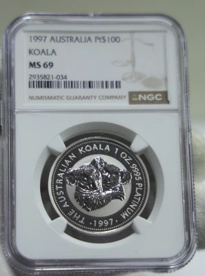 1997 Australia 1 oz Platinum Koala $100 Coin NGC MS69. - Image 1 of 2