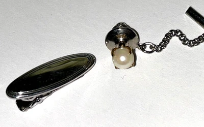 珍珠镀金优质复古领带;纯银椭圆形领带夹 — 第 1/4 张图片