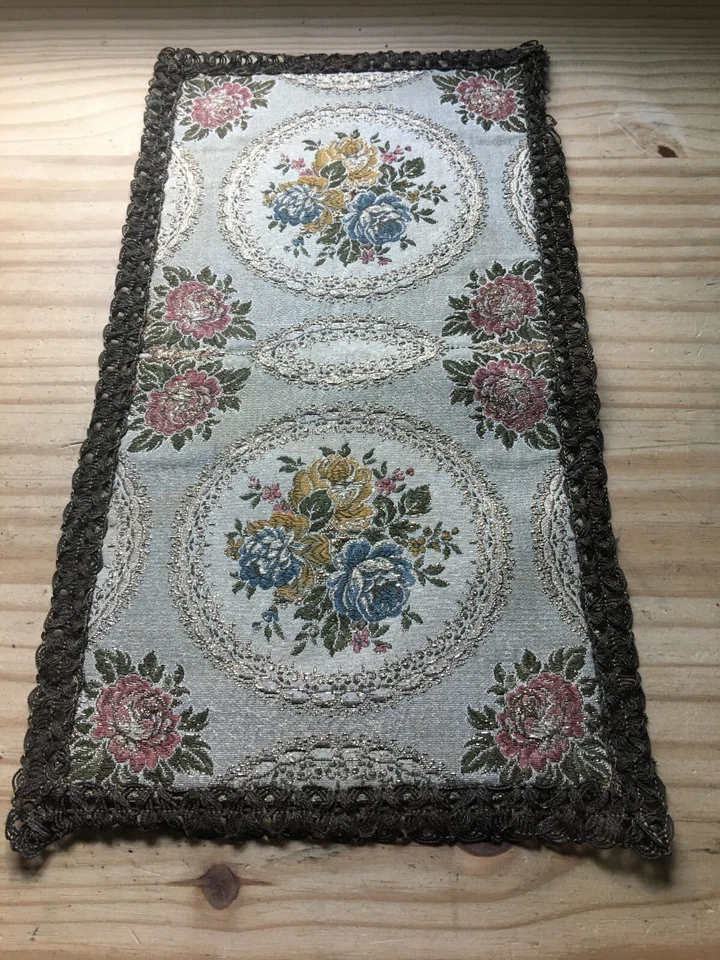Antique French Cottage Embroidered Rose Metal Needlepoint Table Mat w/ Lace Edge - Image 1 of 3
