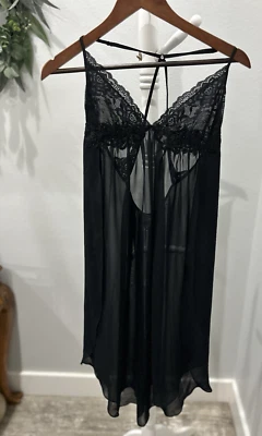 LINEA DONATELLA TRANSPARENTE NEGRO FLORAL CON CUENTAS Y ENCAJE RIBETE CAMISÓN Vestido sin Mangas Talla M Foto 1 de 4