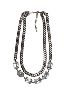 Chunky Wide 2 Strand Layered Clear Rhinestone Bib Necklace 20" Gunmetal Gray - Picture 1 of 24