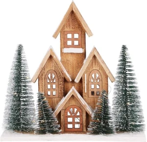Casa de Navidad de Madera LED con Árbol Cubierta de Nieve Iluminar Casa de Pueblo - Imagen 1 de 2