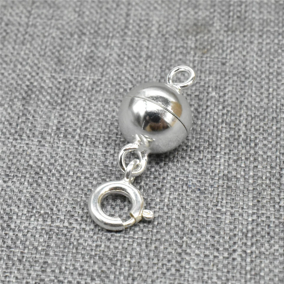 925 Sterling Silver Round Ball Magnetic Clasp w/ Spring Ring Clasp for Necklace - Image 1 of 4