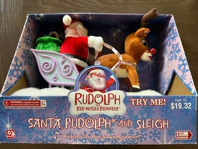 复古 Gemmy Christmas Rudolph 红鼻子驯鹿圣诞老人和雪橇带盒 — 第 1/4 张图片