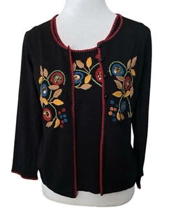 Passport Small Black Embroidered Tank Top & Button-Up 3/4 Sleeve Sweater Set - Picture 1 of 18