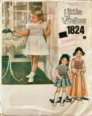 VOGUE 1824 1980’s Girl's Smocked Dress Sewing Pattern. Size 3 - Chest 22”. - Image 1 of 2