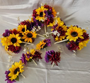 Fall Wedding Bouquet Set, Roses, Sunflowers, Purple, Yellow, Maroon - Picture 1 of 17