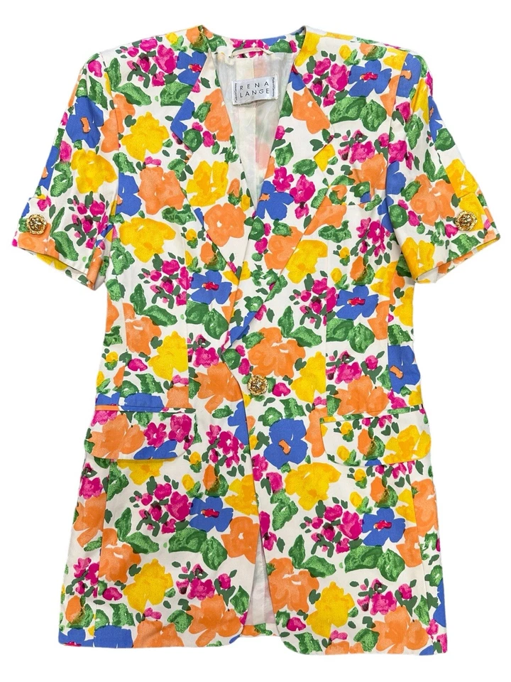 Blazer floral vintage 100 % seda RENA LONG RARO colorido blanco talla M mediano Foto 1 de 4