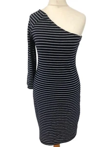 Navy & White Striped Off The Shoulder Stretch Fitted Bodycon Dress UK 8-10 - Picture 1 of 7