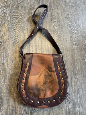 BOLSO DE CUERO GENUINO SCULLY Run Horse Cheyenne BOLSO Herradura Latón Stud Equestr Foto 1 de 4