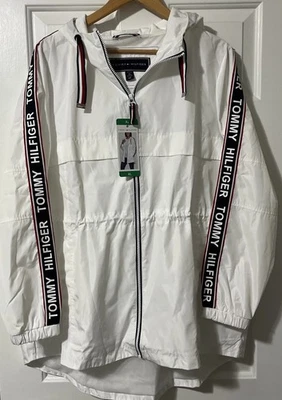 Chaqueta cortavientos Tommy Hilfiger blanca con capucha y logotipo a rayas nueva con etiquetas XL para mujer Foto 1 de 4