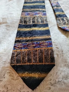 Krizia Uomo Mens Neck Tie 100% Silk Black Gold Blue Pattern - Picture 1 of 3