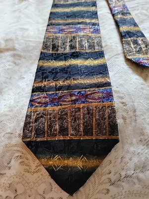 Corbata de cuello Krizia Uomo para hombre 100 % seda negro dorado azul patrón Foto 1 de 3