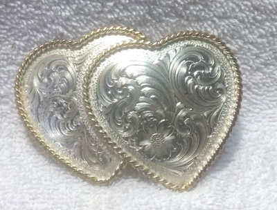 Montana Silversmiths Silver Gold Fower Filigree Double Heart Buckle Great VTG - Image 1 of 4