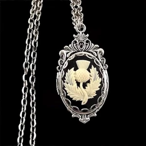 Thistle Cameo Hidden Locket Necklace, Celtic Vintage Stash Box & Pillbox Pendant - Picture 1 of 9