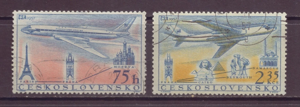 sellosChecoslovaquia, correo aéreo, juego de 2, vuelos internacionales a reacción, CTO MH 1957 Foto 1 de 1