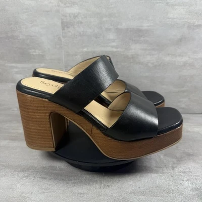 塞舌尔凉鞋女式 7 码黑色皮革厚底粗跟拖鞋 — 第 1/4 张图片