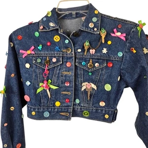 Jet Set Girls Hand Crafted Denim Jacket  Buttons Bows Heart  Keys Button Down 8 - Picture 1 of 15