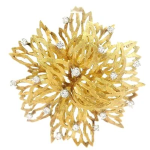 Vintage Yellow Gold Diamond Large Textured Flower Spray Fiery Pin Brooch - Picture 1 of 8