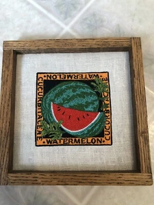 Machine Embroidered Watermelon Picture On Linen With Wood Frame 6 X 6 - Picture 1 of 3
