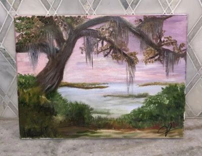 "Lienzo al óleo original musgo árbol paisaje lago río original 9""X 12"" campo bajo" Foto 1 de 4