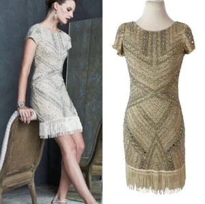 Aidan Mattox fringe beaded cocktail dress ivory Flapper 20s 1923 Yellowstone 2 - Picture 1 of 11
