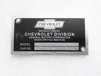 Placa de datos del número de serie del chasis Chevrolet Division para autos Chevrolet antiguos Foto 1 de 4