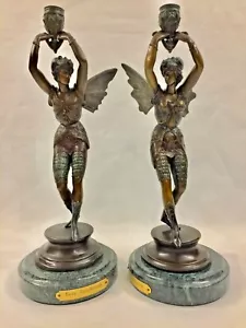 "Raro Coppia Vintage Candelieri Fatati Bronzo su Marmo 16" - Foto 1 di 10