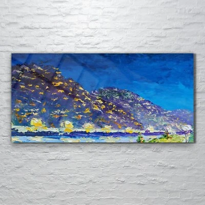 Wandbilder Glasbild Druck auf Glas 120x60 Nacht Stadtlandschaft Dorf Berge Ufer - Bild 1 von 4