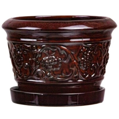 8 in. Brown Rustic Damask Ceramic Planter - Decorative Pot for Indoor/Outdoor