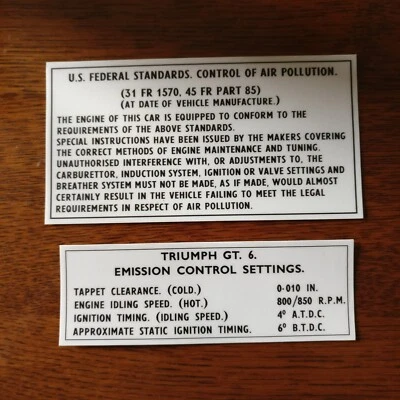 Triumph GT6 Under Bonnet 定时污染联邦标准标签套装 Concours — 第 1/3 张图片