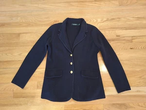 Lauren Ralph Lauren 100 Cotton Sweater-Knit Blazer Navy Blue Size M Gold Button - Picture 1 of 6